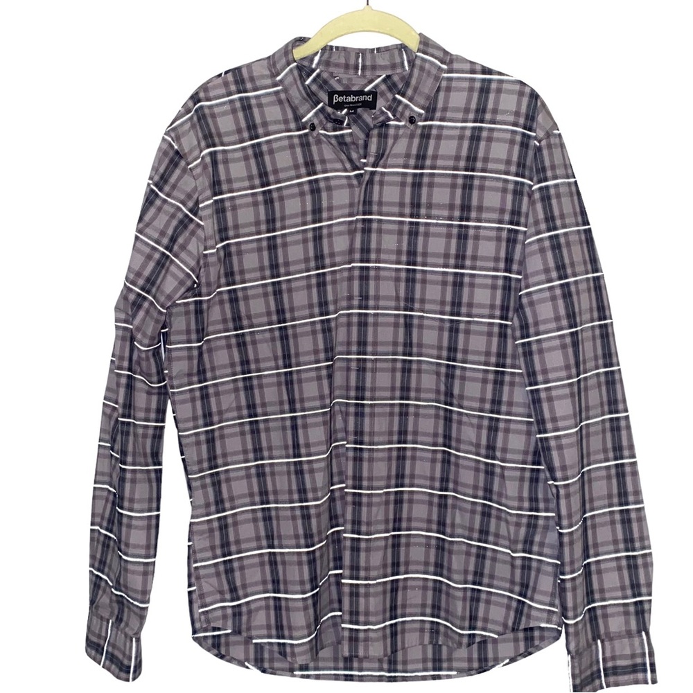Betabrand Dress Shirt Mens Medium Gray Plaid Long Sleeve Button Down Metallic